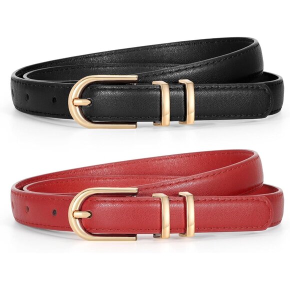 2 Pack Women's Skinny Leather Belts Black Red Thin Faux with Gold Buckle - Picture 2 of 6